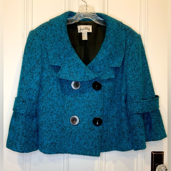 Rare Vintage Joseph Ribkoff Teal Tweed Double Breasted Cropped Jacket - Size 12 - Picture 1 of 7